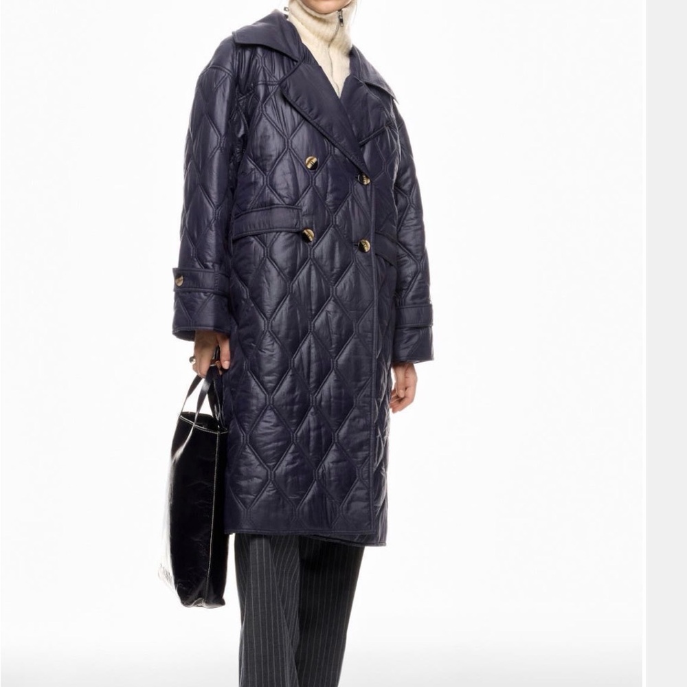 Ganni Dark Blue Quilted Trench Coat